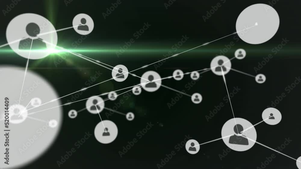Animation of network of connections with icons over dark background Animation of network of connections with icons over dark background