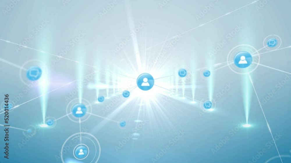 Animation of network of connections with icons over blue background Animation of network of connections with icons over blue background