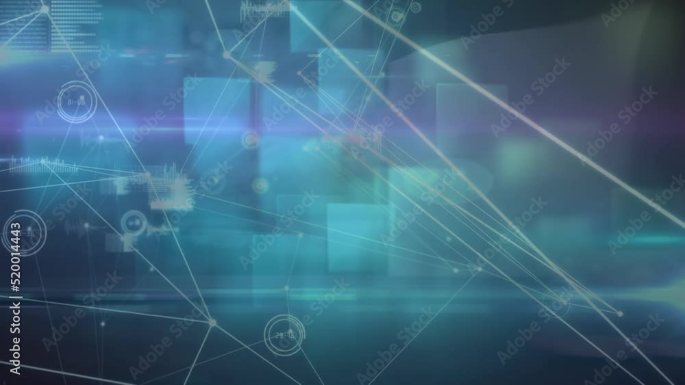Animation of network of connections with icons over dark background Animation of network of connections with icons over dark background