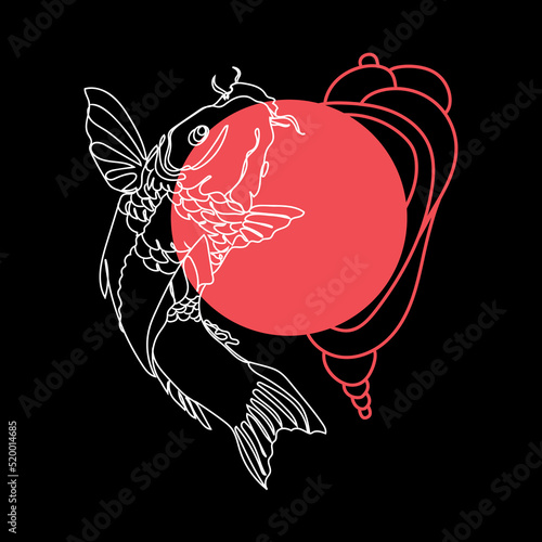 Koi fish logo,poster design or print design vector illustration.Line art Japanese koi carp on black background with red circle abstract drawing in modern minimalistic style.