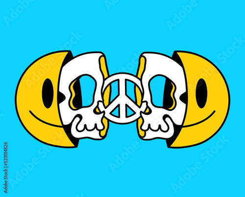 Two half of smile face with skull and peace inside. Vector hand drawn doodle 90s style cartoon character illustration. Trippy smile face,peace,skull print for t-shirt,poster,card concept