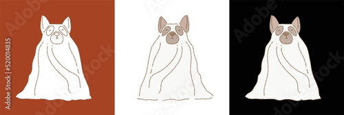 Dog cosplaying as ghost by using sheet. Puppy dressing up fancy costumes for Halloween party. Hand drawn flat vector illustration cartoon character isolated on white background.