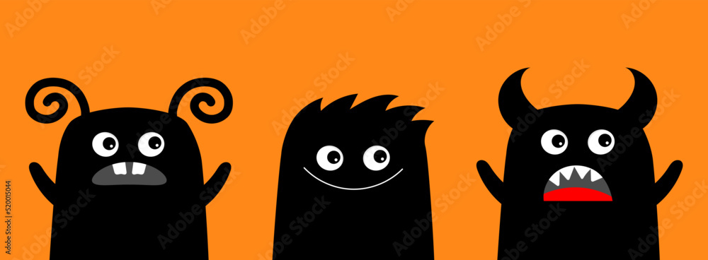 Fototapeta premium Monster icon set line holding hands. Happy Halloween. Cute cartoon kawaii baby character. Eyes teeth fang tongue fur. Funny face head black silhouette.Flat design. Orange background.