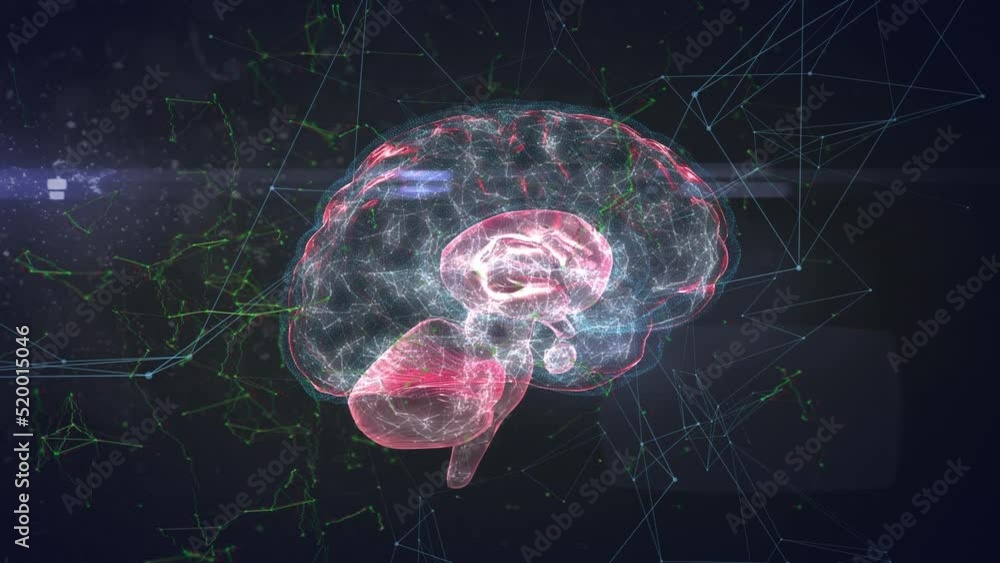 Animation of digital screen with brain, connections and red shapes Animation of digital screen with brain, connections and red shapes