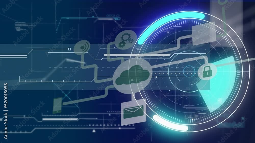 Animation of digital screen with diverse data, radar and tech icons Animation of digital screen with diverse data, radar and tech icons