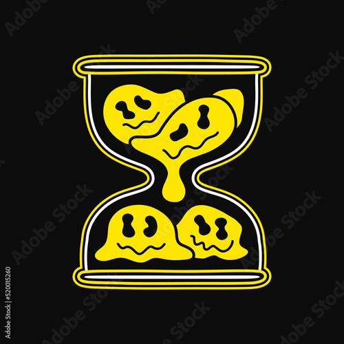 Funny melt smile face in hourglass. Vector hand drawn doodle 90s style cartoon character illustration. Trippy smile face, sand hourglass print for t-shirt,poster,card,patch,logo concepе