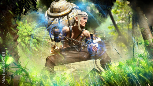 Bilde på lerret A kind old wizard with a huge cracked stone vase on his back from which magical blue water flows animating an oasis with an ancient temple in the middle of the desert