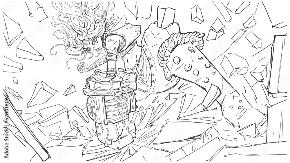 The fighter demon girl, smashing a stone into dust with her huge mechanical iron steampunk hand. She is in ragged light clothes, she has disheveled hair billowing up. 2d dynamic action art