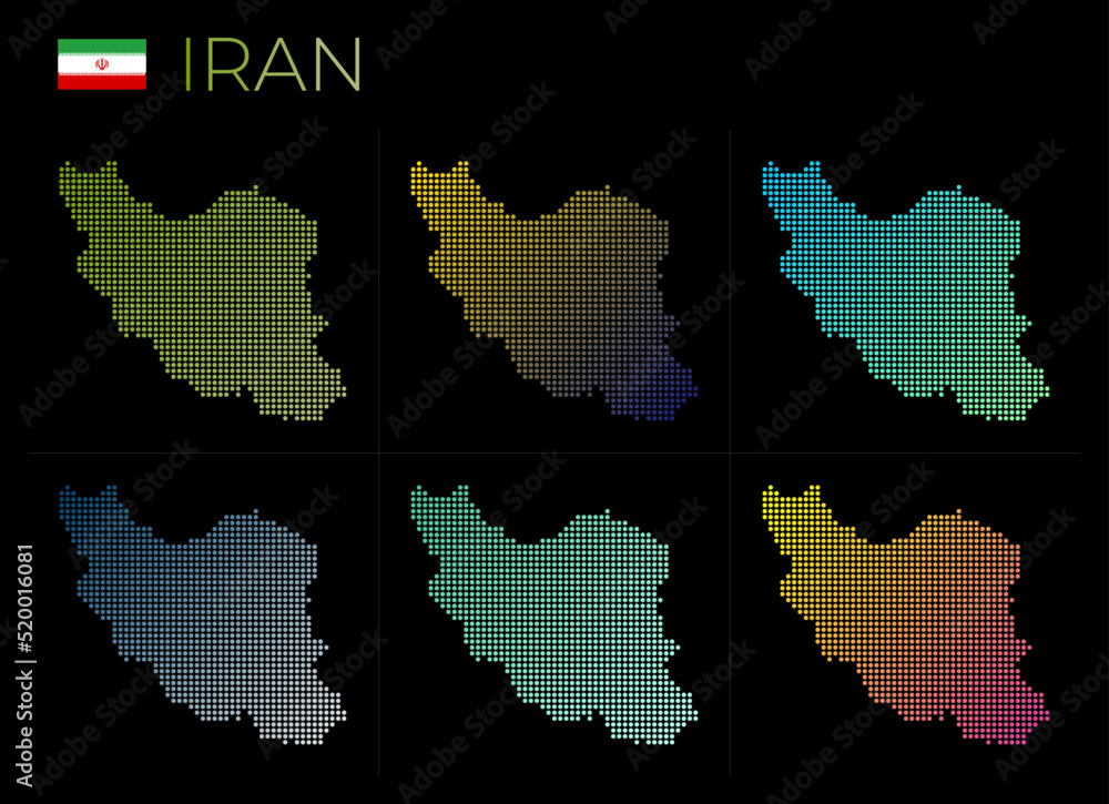 Iran dotted map set. Map of Iran in dotted style. Borders of the country filled with beautiful smooth gradient circles. Radiant vector illustration.