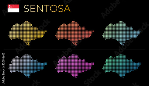 Sentosa dotted map set. Map of Sentosa in dotted style. Borders of the island filled with beautiful smooth gradient circles. Radiant vector illustration.