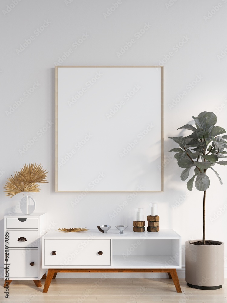 Fototapeta premium mock up poster frame in modern interior wood floor concrete wall background, Scandinavian style, Loft style, 3D render, 3D illustratio