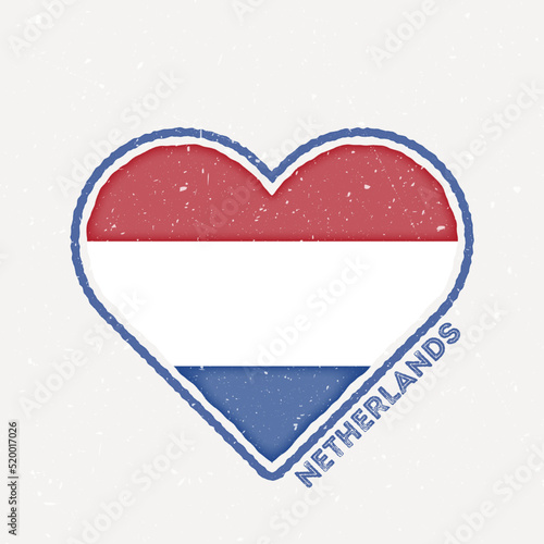 Netherlands heart flag badge. Netherlands logo with grunge texture. Flag of the country heart shape. Vector illustration.