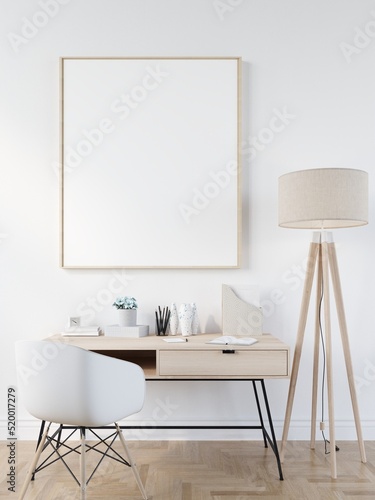 mock up poster frame in modern interior wood floor concrete wall background, Scandinavian style, Loft style, 3D render, 3D illustratio © Chanachai