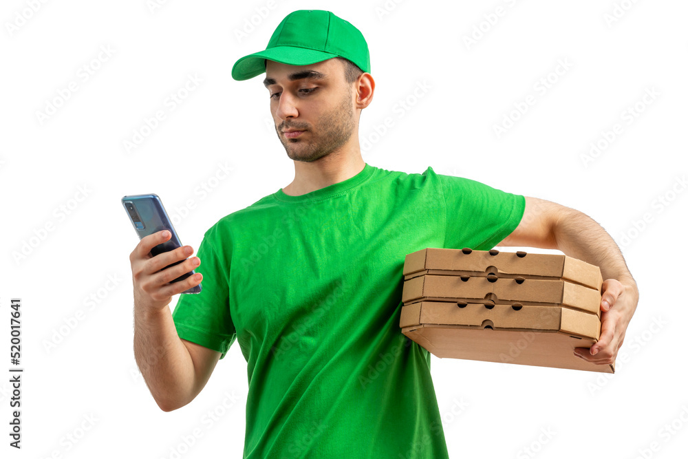 Pizza Delivery Driver with pizza box, smartphone app. Uniform cap and tshirt. Courier young man