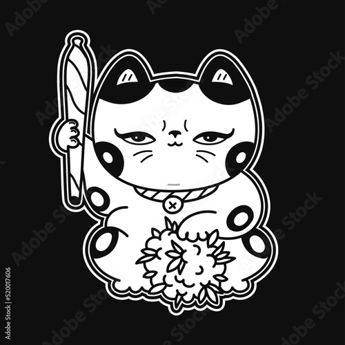 Cute funny kawaii asian Maneki-neko cat with joint and weed bud. Vector cartoon kawaii character illustration logo design. Cat, weed, marijuana,smoke cannabis,bong print for t-shirt,tee,logo concept