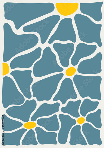 Abstract blossom print in naive art style. Trendy floral retro poster.  Seventies, groovy background. Decorative contemporary botanical elements. Hippie Aesthetic. Hand-drawn vector Illustration
