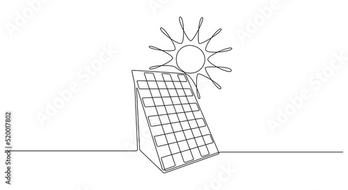 One continuous line drawing of Solar panel with sun. Green energy in simple linear style. Renewable and sustainable resources concept. Editable stroke. Doodle vector illustration