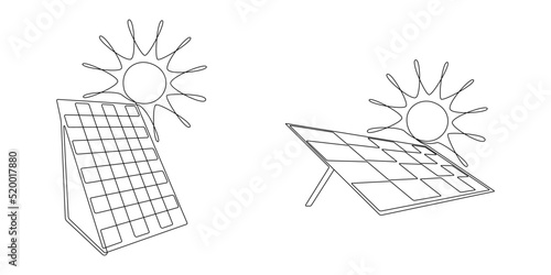 One continuous line drawing of Solar panels with sun. Green clean energy in simple linear style. Renewable and sustainable resources icons. Editable stroke. Doodle vector illustration