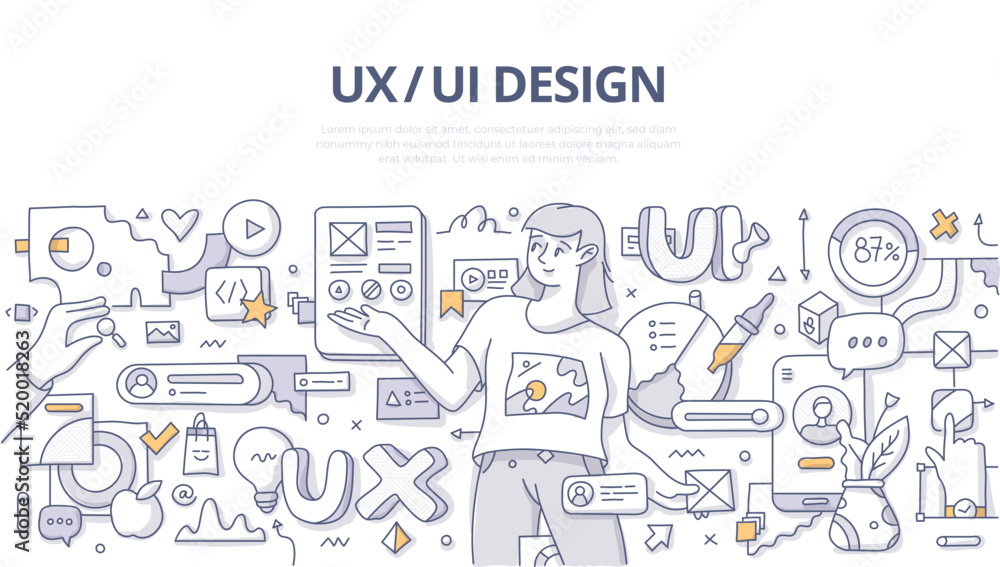 UX UI design. Concept of woman designer creating user interface for application for better user experience. Doodle vector illustration in linear style