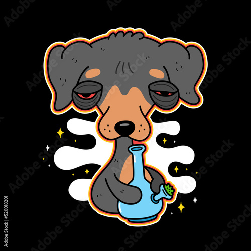 Funny dog smoke weed with bong.Vector logo cartoon character illustration. Dog,puppy,high,weed,marijuana,cannabis,bong,smoker print for t-shirt,poster,sticker,logo art concept