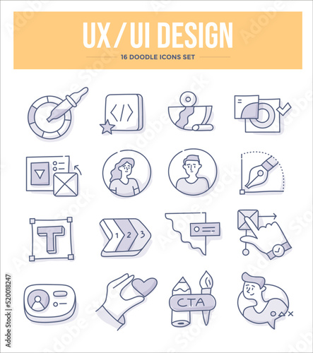 UX UI design. Designing application user interface for better user experience. Set of doodle icons in linear style