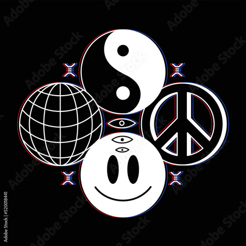 Yin Yang,sphere,smile face,peace signs.Vector line graphic illustration logo design.Yin yang,earth sphere,smile face,hippie peace symbol,techno,glitch print for t-shirt,tee,poster concept