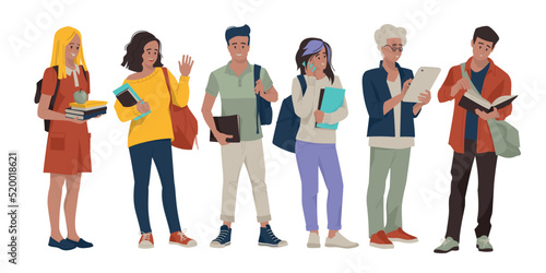 Students, pupils. Guys and girls with books and briefcases. Back to school. Vector image.
