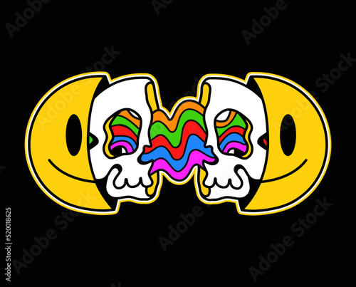 Two half of skull face,smile face,vibrant rainbow.Vector hand drawn doodle 90s style cartoon character illustration.Isolated on white background.Trippy doodle skull,smile face concept