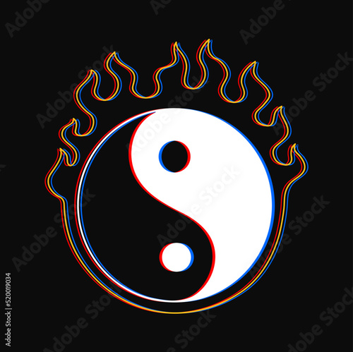 Yin Yang sign burn in fire t-shirt print. Vector hand drawn line style cartoon character logo illustration. Yin Yang sign,burn,fire print for poster,logo,tee concept