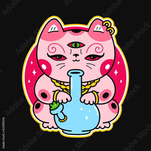 Cute funny kawaii asian Maneki-neko cat with bong. Vector cartoon kawaii character illustration logo design.Positive vintage cat, weed, marijuana,smoke cannabis,bong print for t-shirt,tee,logo concept