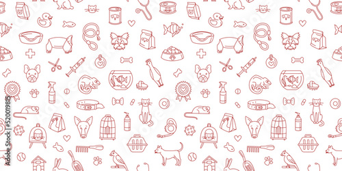 Pet store dogs, cats, birds, other domestic animals seamless pattern