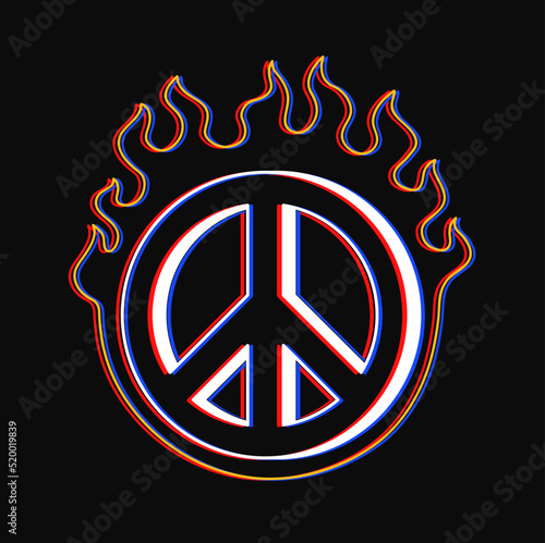 Hippie peace sign burn in fire t-shirt print. Vector hand drawn line style cartoon character logo illustration. Hippie peace sign,burn,fire print for poster,logo,tee concept