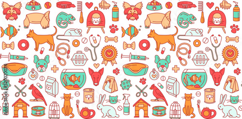 Pet store dogs, cats, birds, other domestic animals seamless pattern