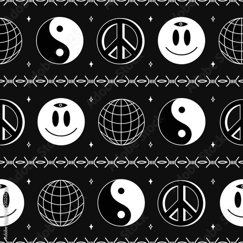 Yin Yang,sphere,smile face,peace signs seamless pattern wallpaper.Vector line graphic illustration logo design.Yin yang,earth sphere,smile face,hippie peace symbol,techno seamless pattern background