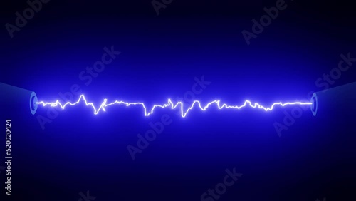 Electrical arc between two objects. Blue glow from electric discharge on dark background. Abstract, looped, animated background. photo