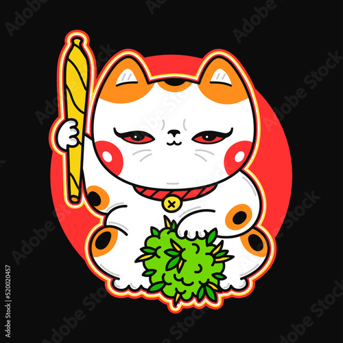 Cute funny kawaii asian Maneki-neko cat with joint and weed bud. Vector cartoon kawaii character illustration logo design. Cat, weed, marijuana,smoke cannabis,bong print for t-shirt,tee,logo concept