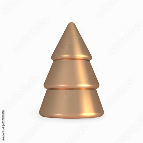 Gold Christmas Tree Cone. Golden 3d render realistic abstract Christmas tree figurine isolated on white. Christmas decorations. 3d Vector