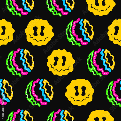 Acid circle quote and melt smile face seamless pattern. Vector hand drawn cartoon illustration. Acid text print,melt emoji smile face,trippy,lsd,psychedelic seamless pattern wallpaper concept