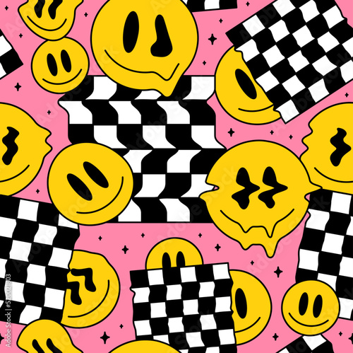 Funny melt smile faces geometry seamless pattern.Vector crazy cartoon character illustration.Smile techno faces melting acid,trippy,cells,techno,space seamless pattern wallpaper print concept