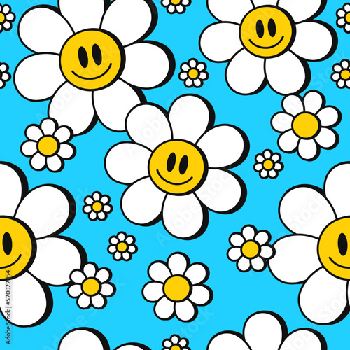 Cute funny kawaii smile face flowers on blue background seamless pattern art.Vector cartoon kawaii character illustration design.Positive vintage smile face camomile flower seamless pattern concept
