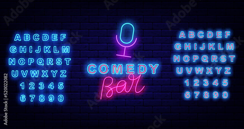 Comedy bar neon signboard. Stand up concert logo with microphone. Comic show. Vector stock illustration