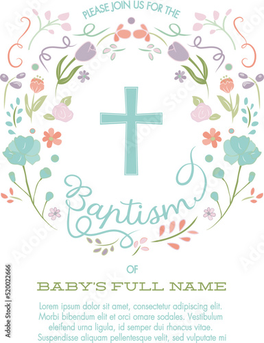 Baptism Invitation, Illustrated Floral Wreath