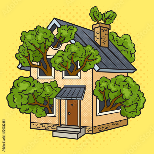 Tree grows inside house and branches in windows pop art retro vector illustration. Comic book style imitation.