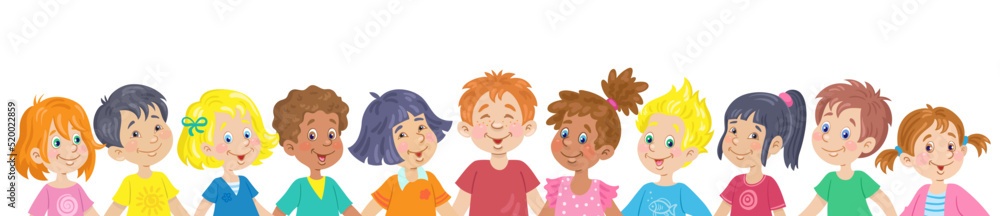 Multicultural diverse group of happy children. Kids with different skin and hair colors together. Banner in cartoon style. Isolated on white background. Vector illustration. Multicultural diverse group of happy children. Kids with different skin and hair colors together. Banner in cartoon style. Isolated on white background. Vector illustration.