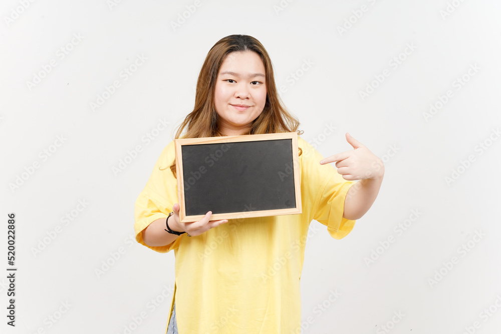 Showing, Presenting and holding Blank Blackboard of Beautiful Asian Woman wearing yellow T-Shirt Showing, Presenting and holding Blank Blackboard of Beautiful Asian Woman wearing yellow T-Shirt