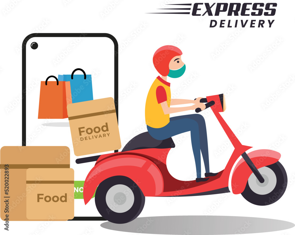 Express Delivery, Scooter delivery, Online delivery service, online order tracking, home delivery, shipping. Man on the bike with mask Express Delivery, Scooter delivery, Online delivery service, online order tracking, home delivery, shipping. Man on the bike with mask