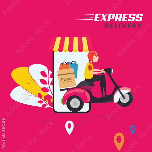 Express Delivery, Pink Scooter delivery, Online delivery service, online order tracking, home delivery, shipping. yellow Man on the bike 