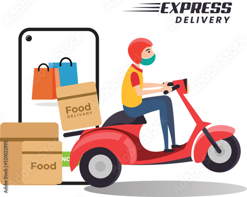 Express Delivery, Scooter delivery, Online delivery service, online order tracking,  home delivery, shipping. Man on the bike with mask photo