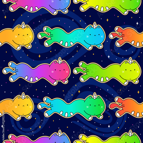 Cute funny unicorn cats fly in space seamless pattern,wallpaper,background.Vector doodle cartoon kawaii character illustration. Cute happy unicorn cats,cosmos,univerce seamless pattern art concept