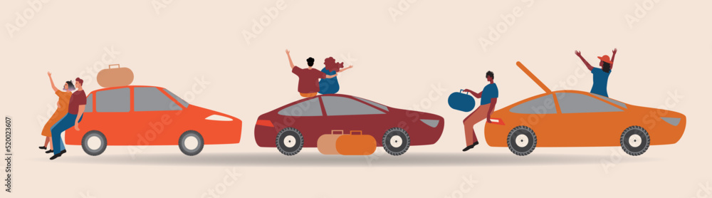 People with car and luggage on road trip isolated, flat vector stock illustration, set with different couples